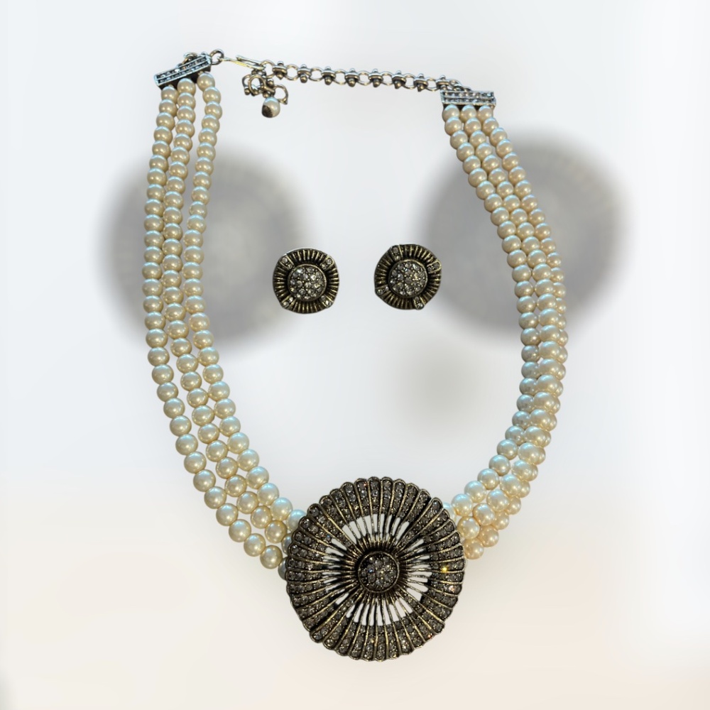 Heidi Daus Faux Pearl Triple Strand Necklace & Earring Set 296177